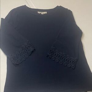 Chic Navy Women's Blouse with‎ Lace Sleeves